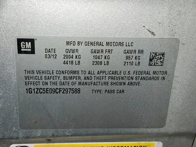 1G1ZC5E09CF297588 - 2012 CHEVROLET MALIBU 1LT ვერცხლისფერი ფოტო 10