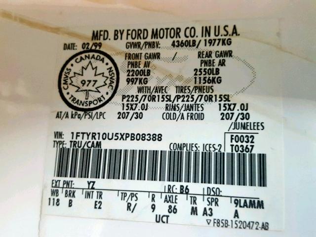 1FTYR10U5XPB08388 - 1999 FORD RANGER WHITE photo 10