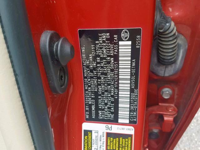 4T4BF1FK1CR182151 - 2012 TOYOTA CAMRY BASE RED photo 10