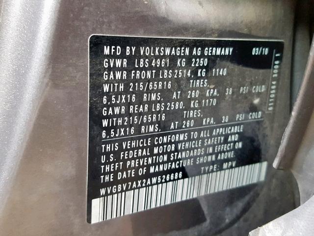 WVGBV7AX2AW526686 - 2010 VOLKSWAGEN TIGUAN SE GRAY photo 10