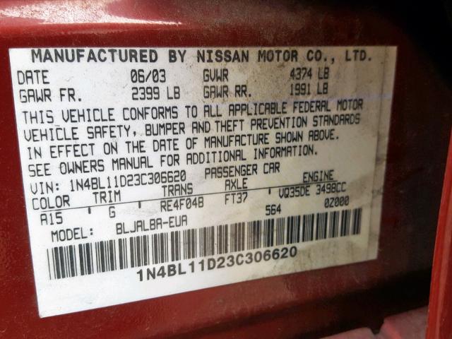 1N4BL11D23C306620 - 2003 NISSAN ALTIMA SE RED photo 10