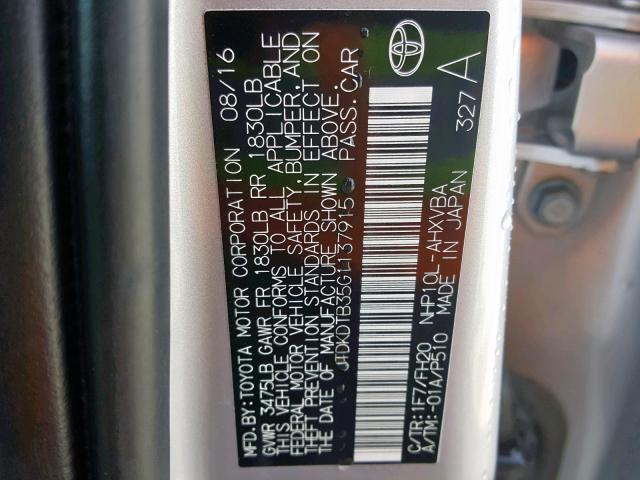 JTDKDTB35G1137915 - 2016 TOYOTA PRIUS C SILVER photo 10