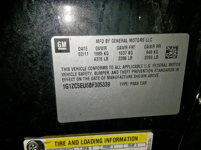 1G1ZC5EU6BF305339 - 2011 CHEVROLET MALIBU 1LT 黑色 照片 10