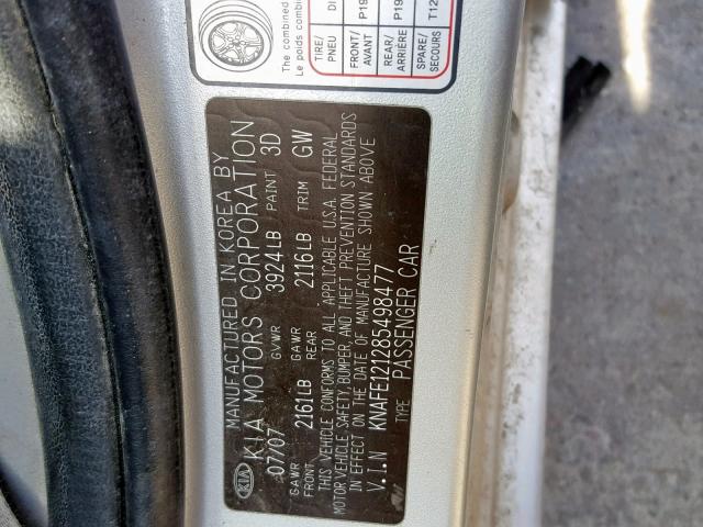 KNAFE121285498477 - 2008 KIA SPECTRA EX SILVER photo 10