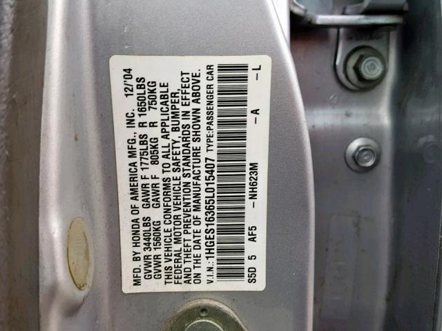 1HGES16365L015407 - 2005 HONDA CIVIC DX V SILVER photo 10