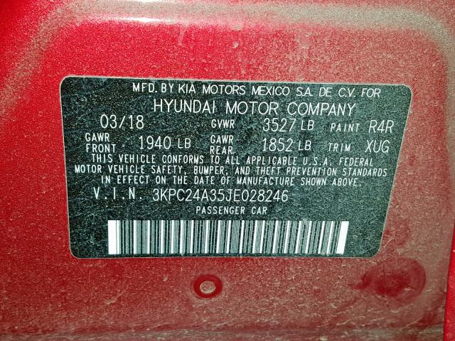 3KPC24A35JE028246 - 2018 HYUNDAI ACCENT SE RED photo 10