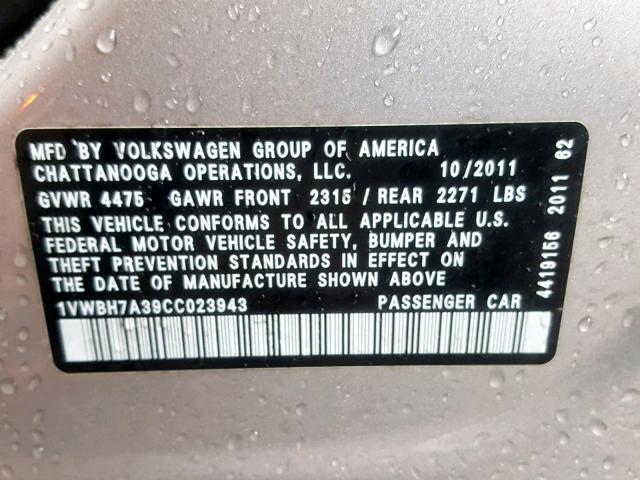 1VWBH7A39CC023943 - 2012 VOLKSWAGEN PASSAT SE GRAY photo 10