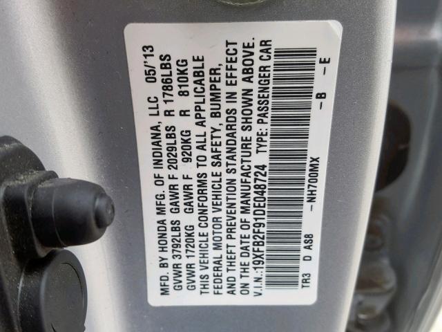 19XFB2F91DE048724 - 2013 HONDA CIVIC EXL SILVER photo 10