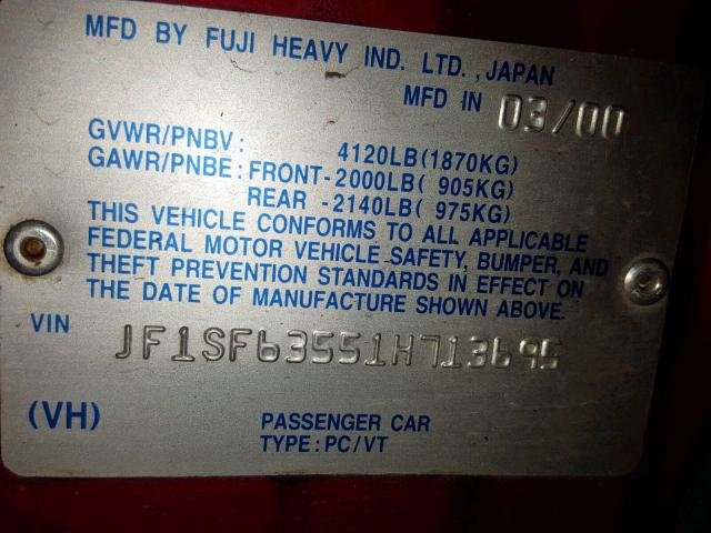 JF1SF63551H713695 - 2001 SUBARU FORESTER L RED photo 10