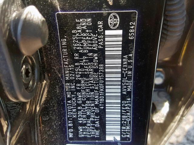 4T1BD1FK0FU157388 - 2015 TOYOTA CAMRY HYBR BLACK photo 10