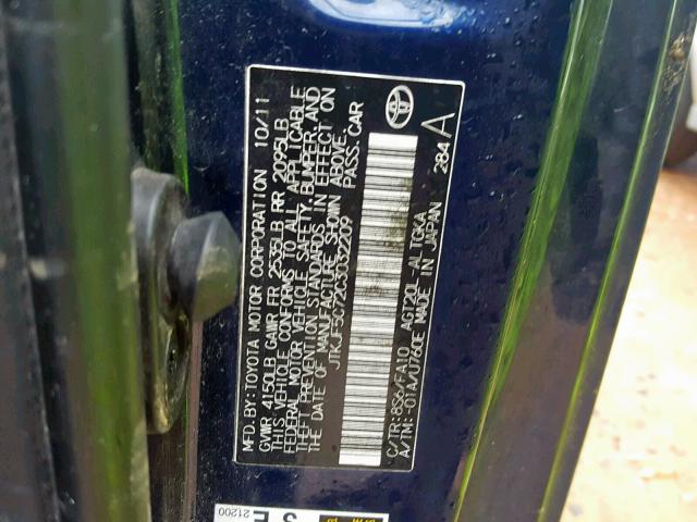 JTKJF5C72C3032209 - 2012 TOYOTA SCION TC ლურჯი ფოტო 10