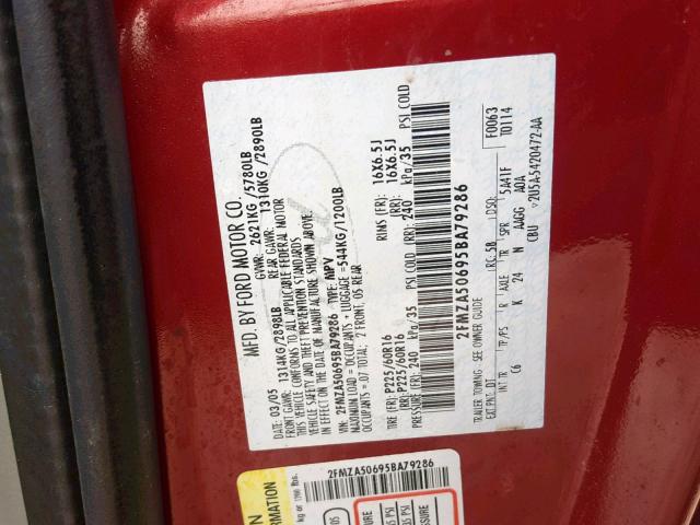 2FMZA50695BA79286 - 2005 FORD FREESTAR S RED photo 10