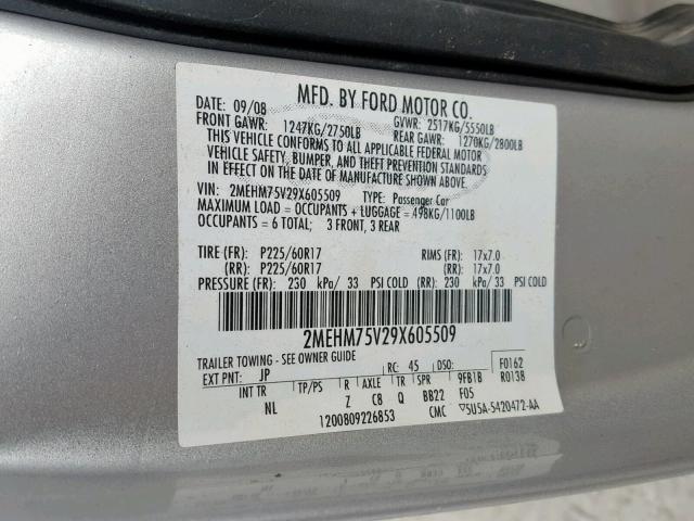 2MEHM75V29X605509 - 2009 MERCURY GRAND MARQ SILVER photo 10