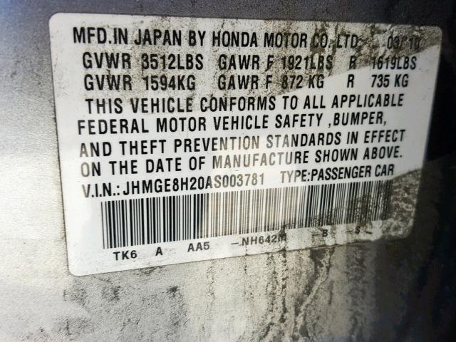 JHMGE8H20AS003781 - 2010 HONDA FIT SILVER photo 10