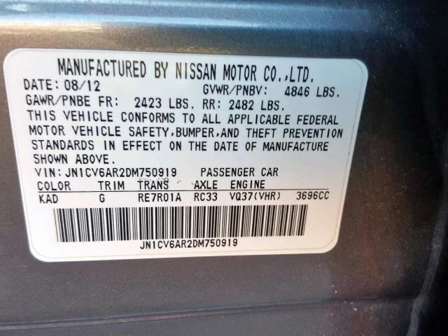 JN1CV6AR2DM750919 - 2013 INFINITI G37 GRAY photo 10