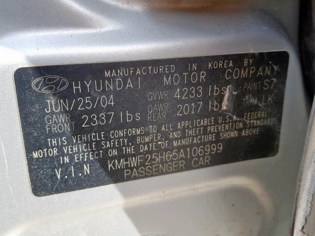 KMHWF25H65A106999 - 2005 HYUNDAI SONATA GL SILVER photo 10