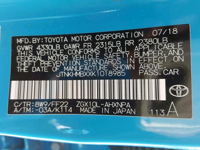 JTNKHMBXXK1018985 - 2019 TOYOTA C-HR XLE BLUE photo 10