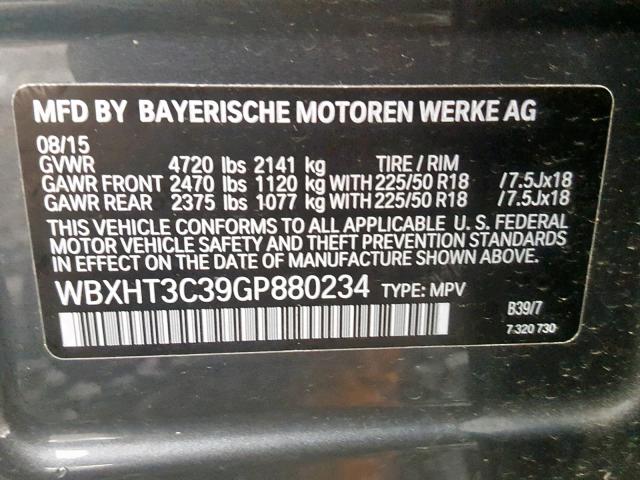 WBXHT3C39GP880234 - 2016 BMW X1 XDRIVE2 CHARCOAL photo 10
