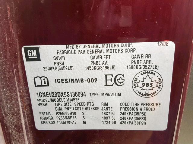 1GNEV23DX9S136694 - 2009 CHEVROLET TRAVERSE L MAROON photo 10