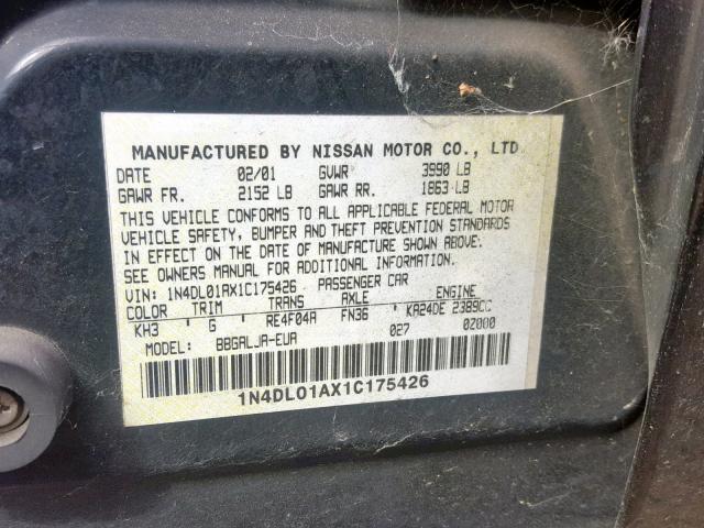 1N4DL01AX1C175426 - 2001 NISSAN ALTIMA GXE BLACK photo 10