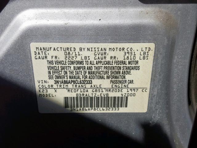 3N1AB6AP8CL632333 - 2012 NISSAN SENTRA 2.0 SILVER photo 10