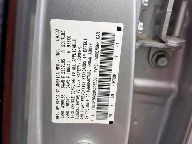 1HGCP26428A009630 - 2008 HONDA ACCORD LXP SILVER photo 10