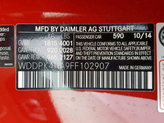 WDDPK4HA9FF102907 - 2015 MERCEDES-BENZ SLK 250 RED photo 10