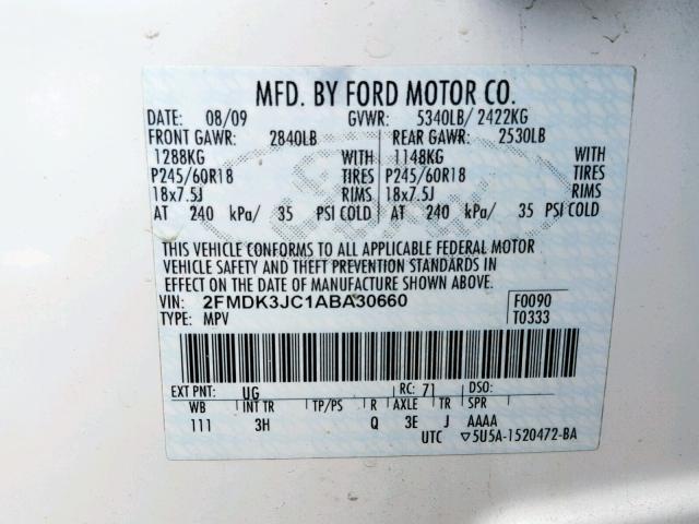 2FMDK3JC1ABA30660 - 2010 FORD EDGE SEL WHITE photo 10