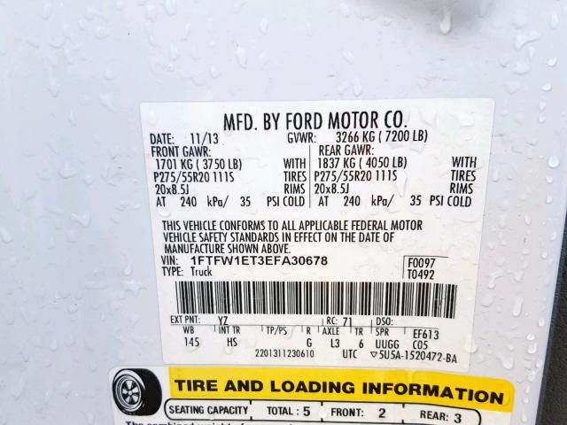 1FTFW1ET3EFA30678 - 2014 FORD F150 SUPER WHITE photo 10