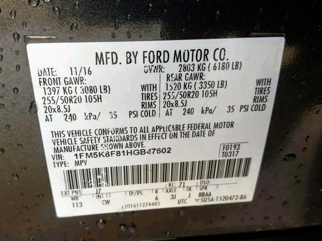 1FM5K8F81HGB47602 - 2017 FORD EXPLORER L GRAY photo 10