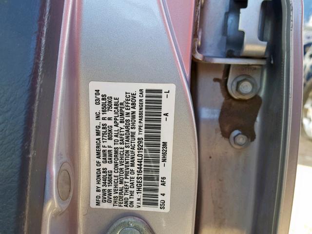 1HGES16444L019298 - 2004 HONDA CIVIC DX SILVER photo 10