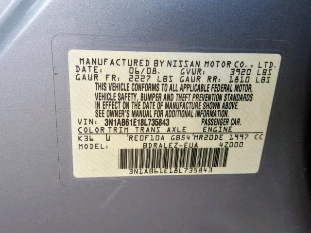 3N1AB61E18L735843 - 2008 NISSAN SENTRA 2.0 SILVER photo 10