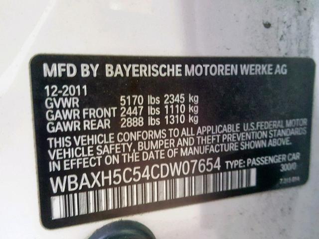 WBAXH5C54CDW07654 - 2012 BMW 528 XI WHITE photo 10