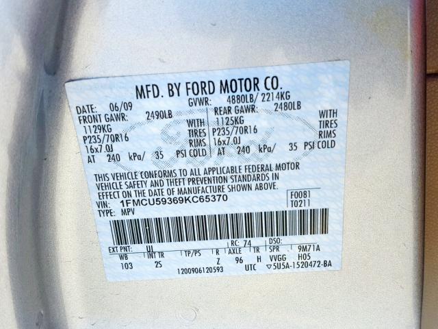 1FMCU59369KC65370 - 2009 FORD ESCAPE HYB SILVER photo 10