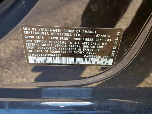 1VWBT7A37FC006707 - 2015 VOLKSWAGEN PASSAT SE BLACK photo 10