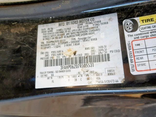 3FAHP06Z07R105531 - 2007 FORD FUSION S BLACK photo 10