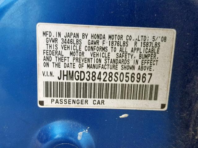 JHMGD38428S056967 - 2008 HONDA FIT BLUE photo 10