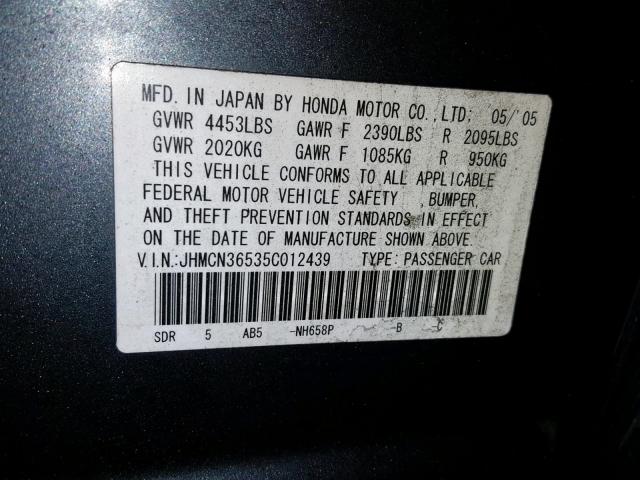 JHMCN36535C012439 - 2005 HONDA ACCORD HYB GRAY photo 10