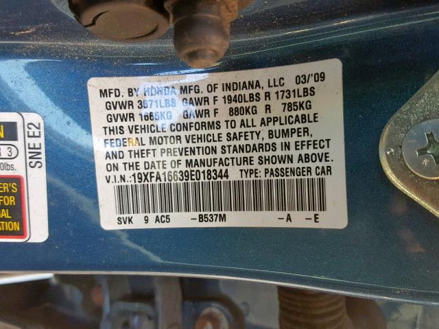 19XFA16639E018344 - 2009 HONDA CIVIC LX-S Mavi foto 10
