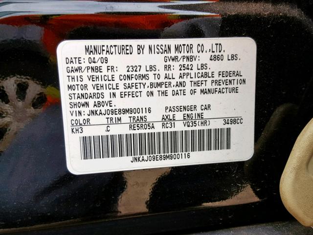 JNKAJ09E89M900116 - 2009 INFINITI EX35 BASE BLACK photo 10
