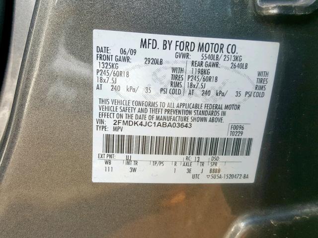 2FMDK4JC1ABA03643 - 2010 FORD EDGE SEL GRAY photo 10