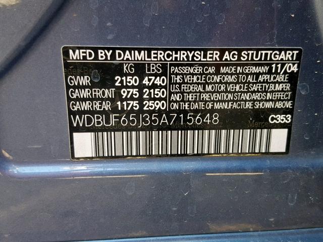 WDBUF65J35A715648 - 2005 MERCEDES-BENZ E 320 BLUE photo 10