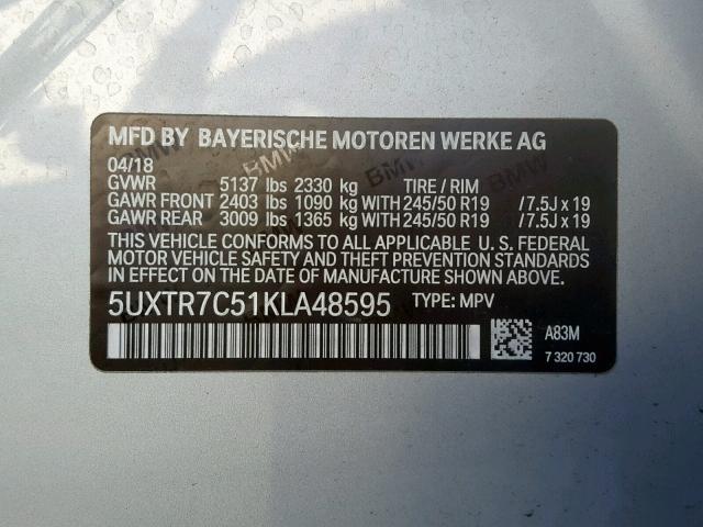 5UXTR7C51KLA48595 - 2019 BMW X3 SDRIVE3 SILVER photo 10