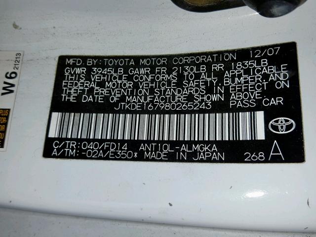 JTKDE167980265243 - 2004 TOYOTA SCION TC 白色 照片 10