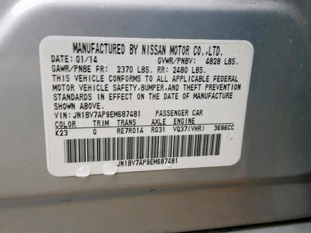 JN1BV7AP9EM687481 - 2014 INFINITI Q50 BASE SILVER photo 10