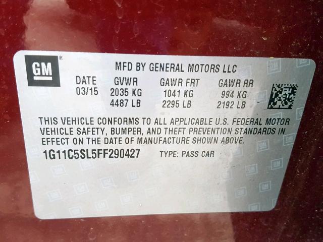 1G11C5SL5FF290427 - 2015 CHEVROLET MALIBU 1LT მუქწითელი ფოტო 10