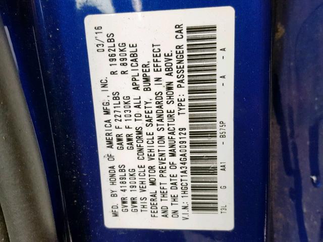 1HGCT1A34GA009129 - 2016 HONDA ACCORD LX- BLUE photo 10