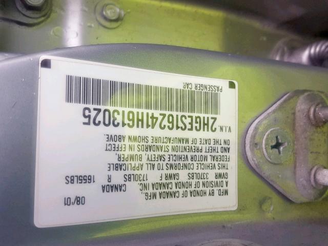 2HGES16241H613025 - 2001 HONDA CIVIC DX SILVER photo 10