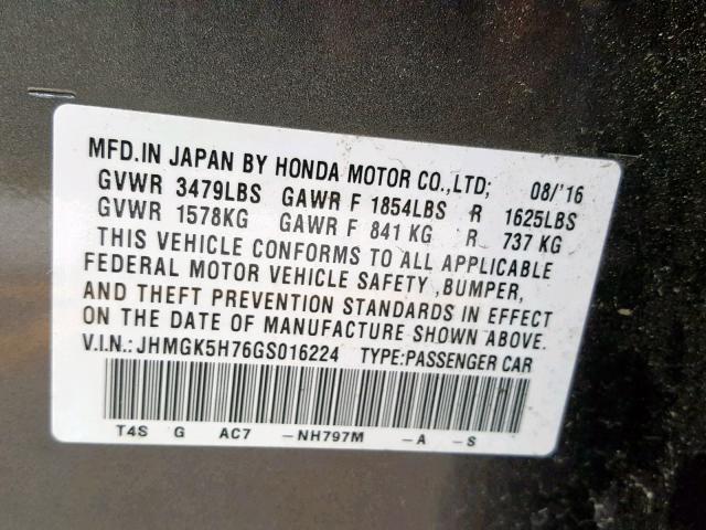 JHMGK5H76GS016224 - 2016 HONDA FIT EX GRAY photo 10