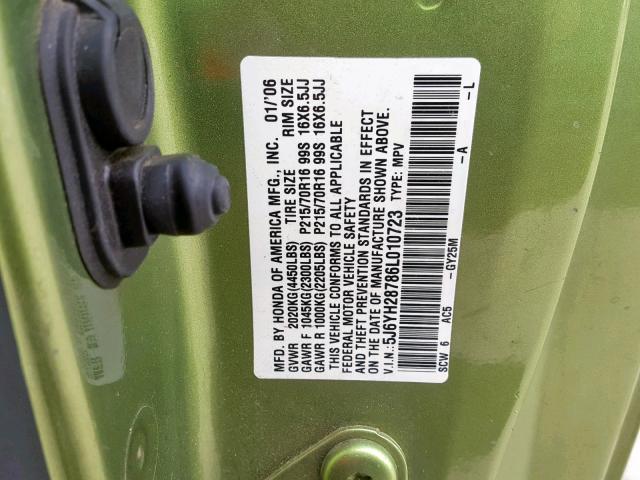 5J6YH28786L010723 - 2006 HONDA ELEMENT EX GREEN photo 10